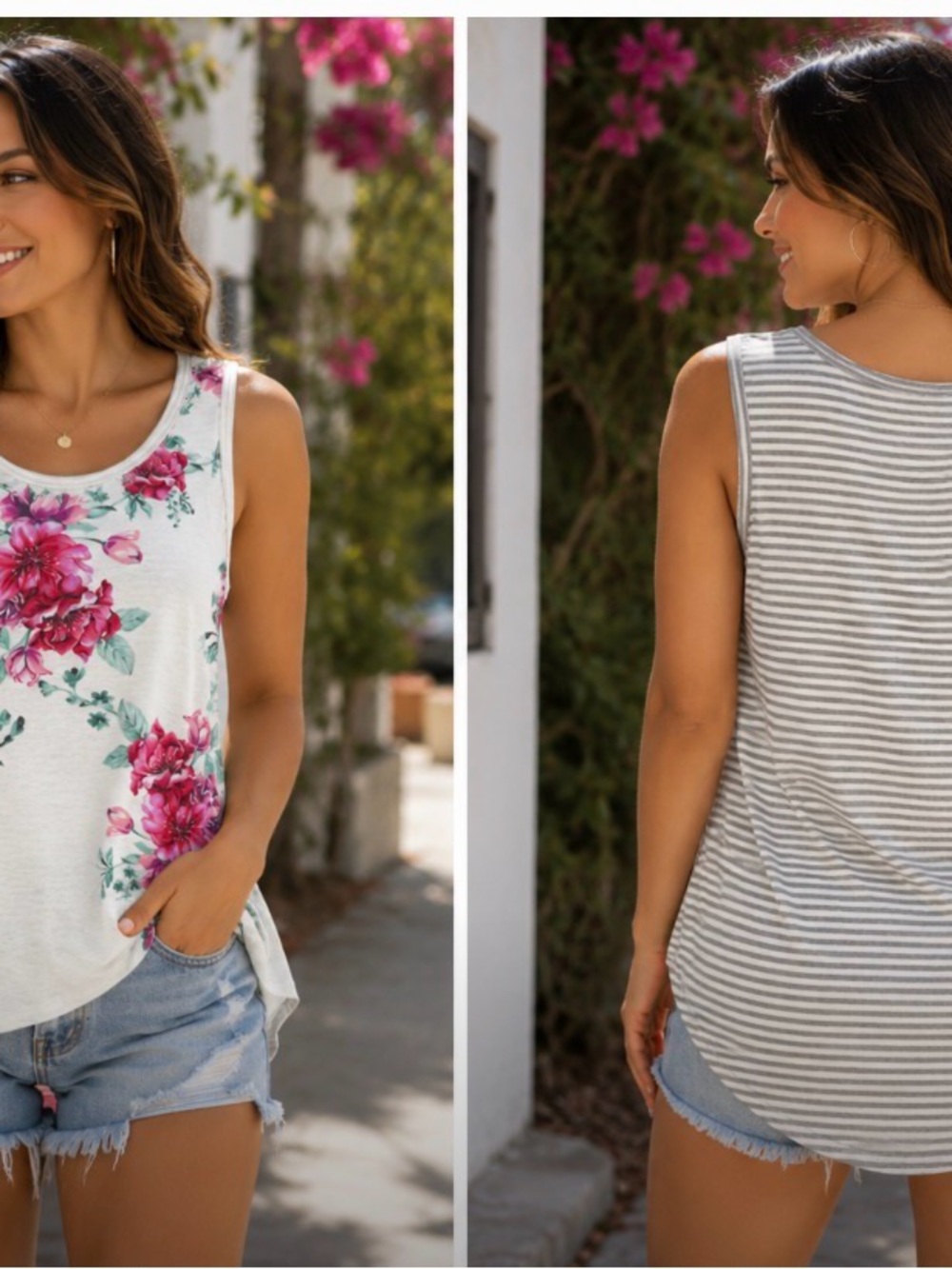 Pink Clover Reversible Floral & Striped Tank Top - White, Pink, Gray